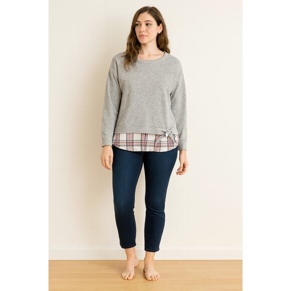 Izod 2-in-1 Sweatshirt Over Plaid Shirt Gray Red Cream Cotton Blend Sz XL - Picture 1 of 8